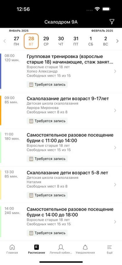 Экран приложения Клуб скалолазания Скалодром 9А